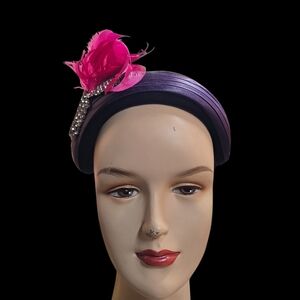 Vintage, Karen Designs-Purple Genuine Velour Fur Calot Hat W/Magenta Feather